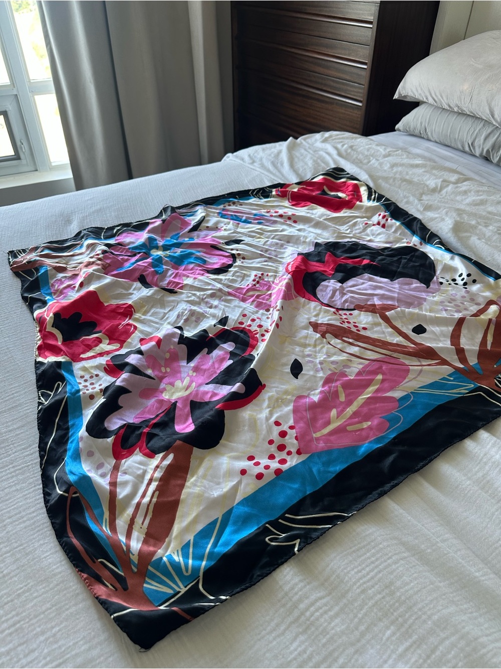 Satin Floral Scarf in Pink, Black & Blue